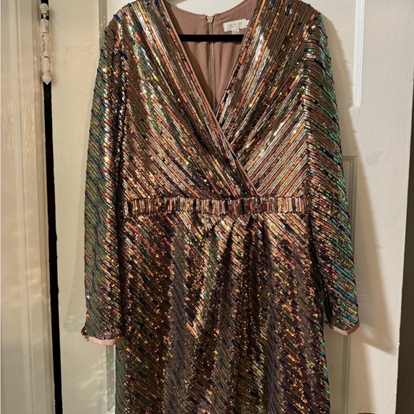 Ted Baker Dresses & Skirts - Ted Baker Gold and Brown Sequin Wrap Sheath Dress with Long Bishop Sleeves